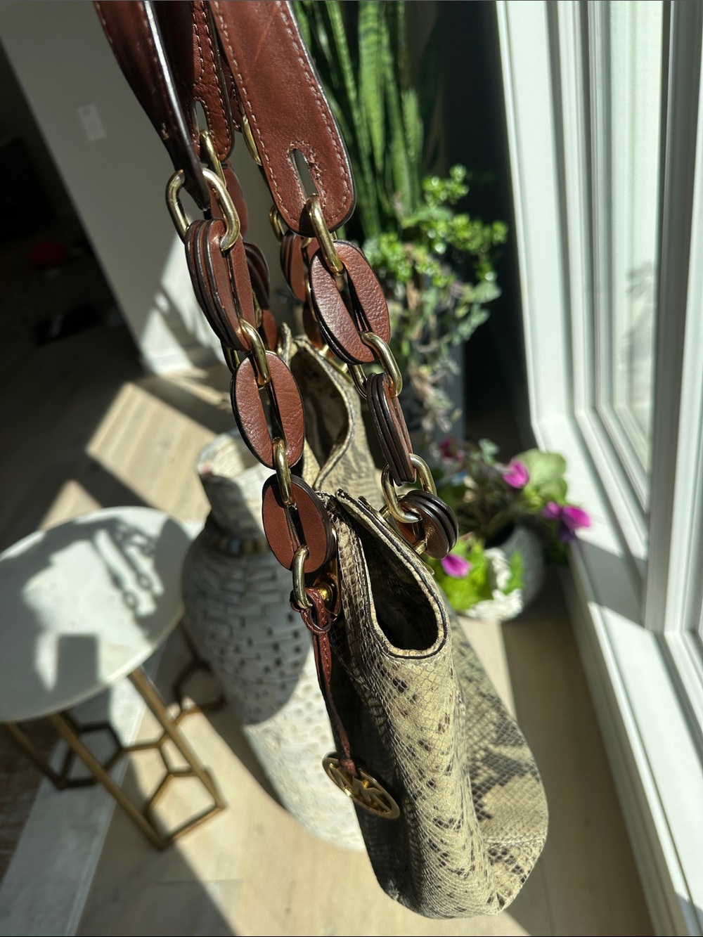 Michael Kors Taupe and Brown Snake-Print Shoulder Hobo - Picture 6 of 9